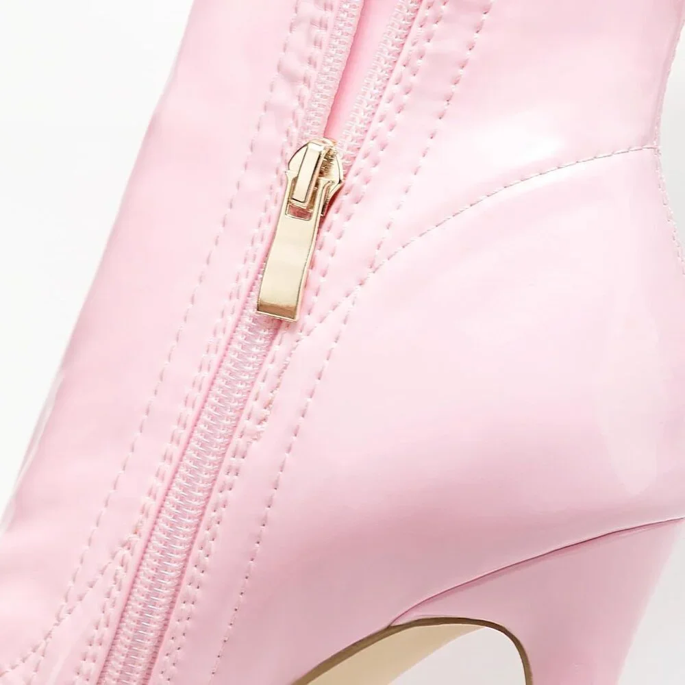 Women Pink Patent pu Side Zipper Stiletto High Heel Over The Knee Comfy Boots